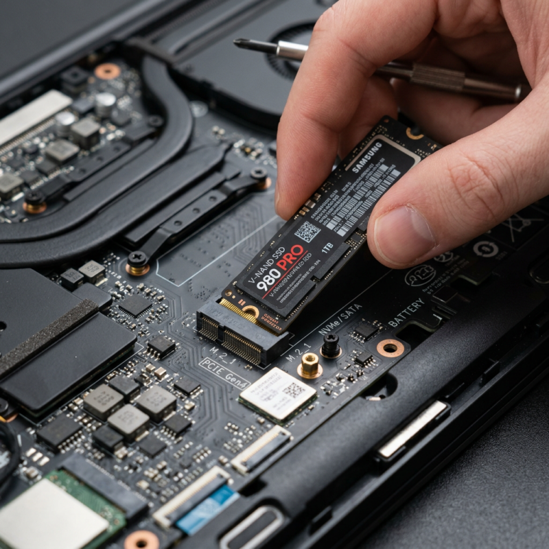Hand inserting Samsung 980 Pro 1TB M.2 NVMe SSD into laptop motherboard slot